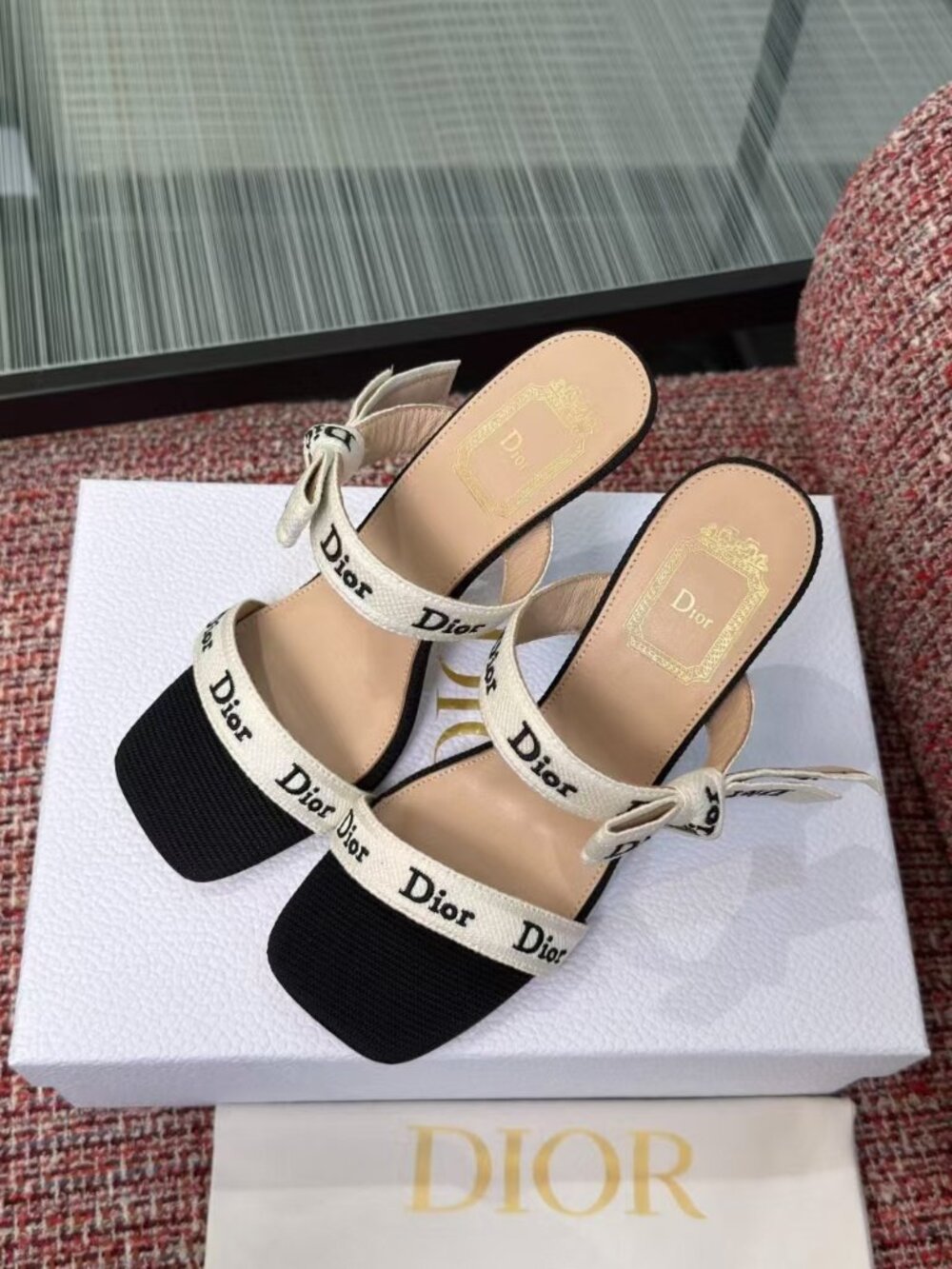 Dior Black White Ribbon Bow High Heel Sandals
